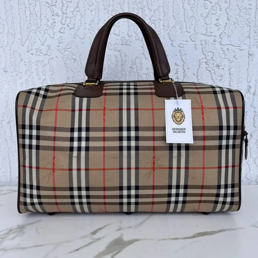 Burberry Beige and Brown Checkered Travel Bag